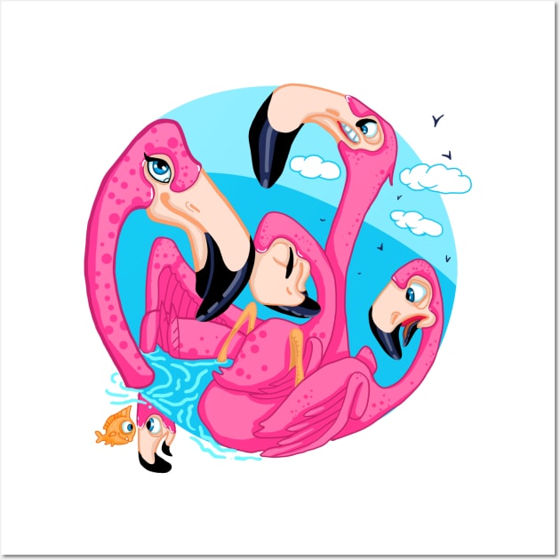 Crazy  pink family flamingo Wall Art by Olena Dosch